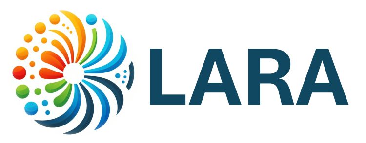 Learning disability and autism Research Access (LARA) group logo. The logo includes a colourful abstract flower next to the word ‘LARA’ in turquoise capital letters.