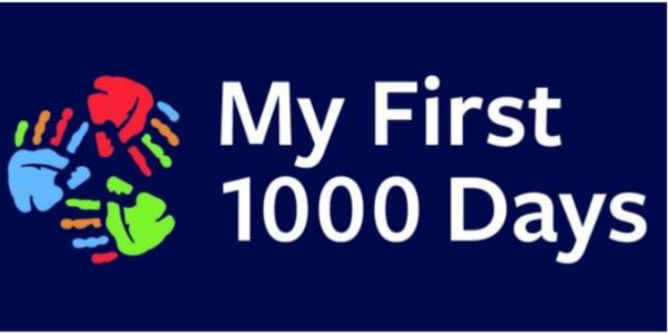 My First 1000 Days logo blue with handprints.