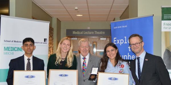 Ashmit Bhardwaj (2nd place), Catherine Young (Winner), Neil Kaiper -Holmes (Chair of the Thackray Museum of Medicine, Isabel Candir (3rd place) and Dr Hamish McLure (Judging Panel Chair)