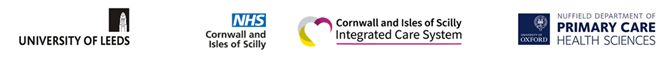 four logos from University of Leeds, NHS Cornwall and Scilly, Cornwall and Scilly ICS and Nuffield Primary Care