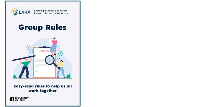 Cover image of the LARA group rules Easy Read guide, entitled ‘Group Rules: Easy-read rules to help us all work together’.