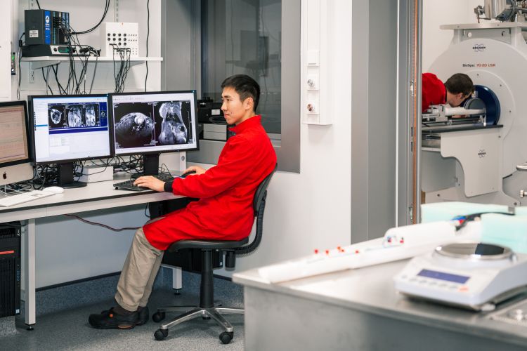 Male researcher wearing a red coat at desk with two screens
