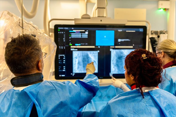 Two medical professionals in scrubs, pointing at scans on a screen.