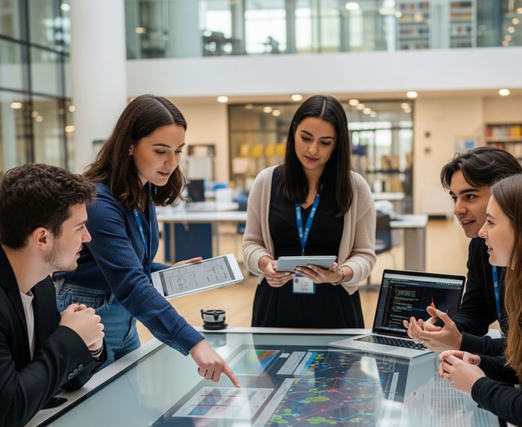 Students discussing over a dashboard