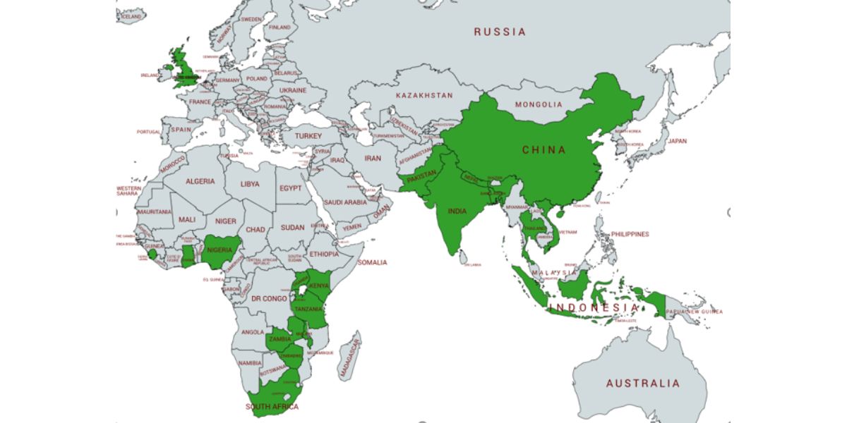Grey map of Europe and Asia with some countries highlighted in green