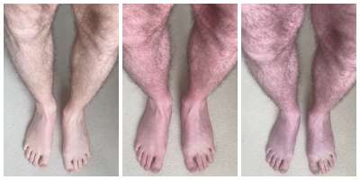 Three images of a person's legs. They get progressively more 'blue' as he continues standing.