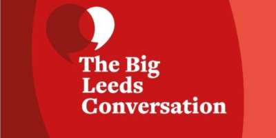Large quotation marks with text that says The Big Leeds Conversation